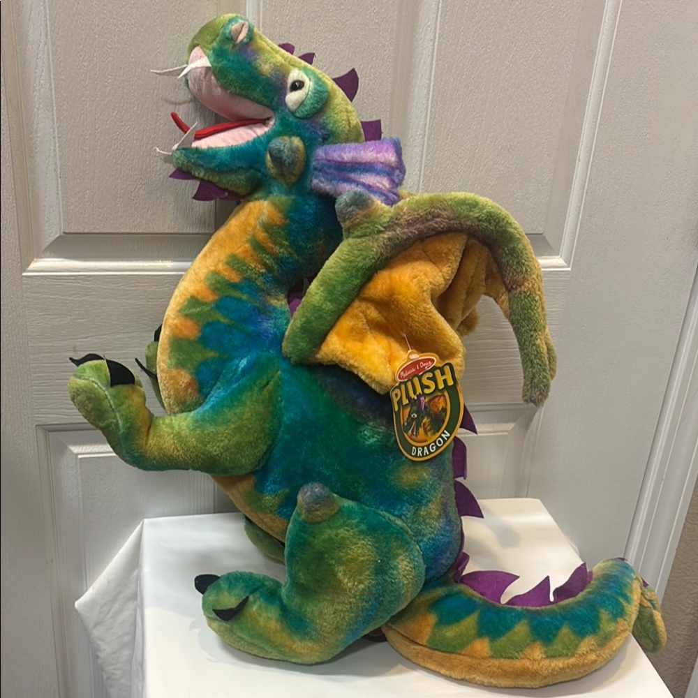 Melissa & Doug Plush Dragon In Vibrant Green, Yellow and Purple Colors. 34”
